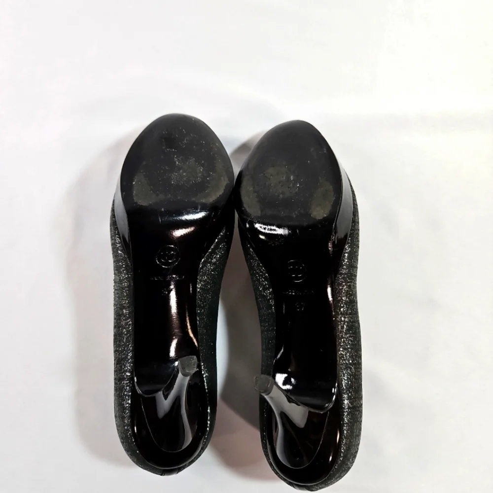 Chanel Black/Silver Suede & Black Patent Leather Platform Heels